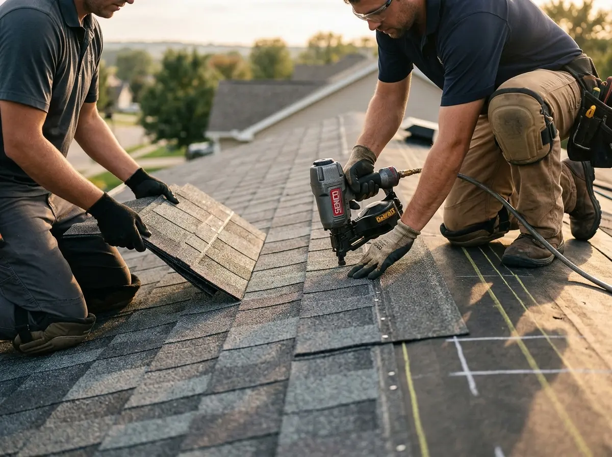 Professional roofer working on a residential roof in Pocono